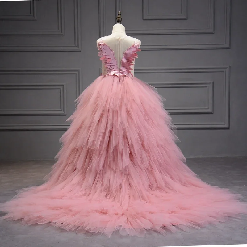 Geburtstag Party Feder Spitze Prinzessin Kleid Elegante Schwan Kristall Tüll Schleppende Blumenmädchen Kleid Abendkleid Kinder Festzug Kleid Image