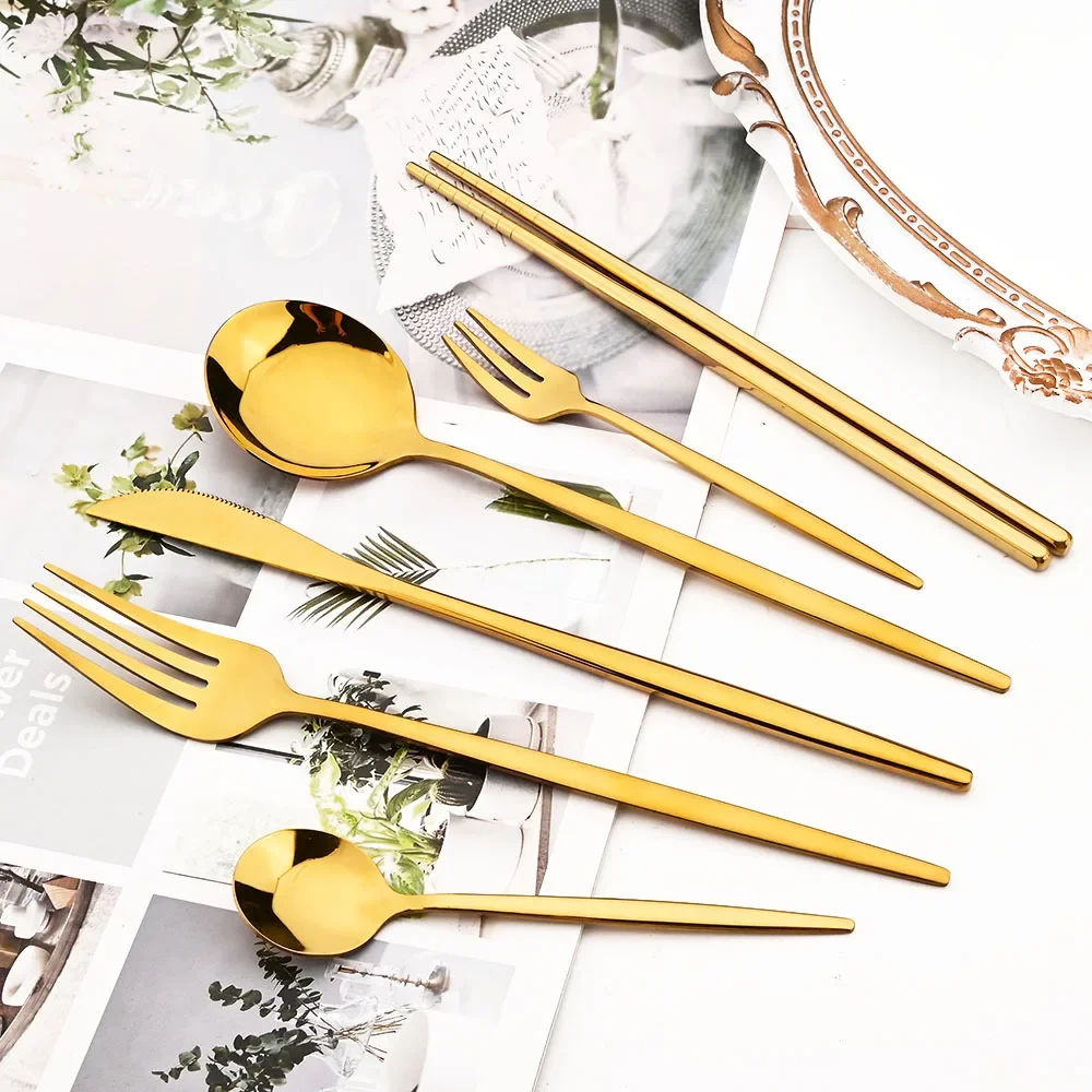 6Pcs Gold Western Geschirr Set Edelstahl Besteck Messer Gabel Löffel Stäbchen Geschirr Spiegel Hause Hochzeit Besteck Set Image