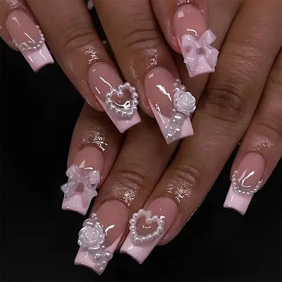 24pcs Rhinestones Square Fake Nails Butterfly Design Full Cover Nail Blue French Long Coffin