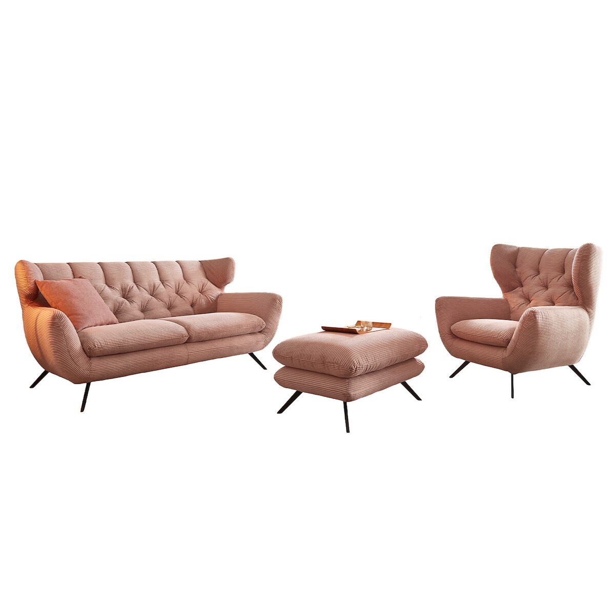 KAWOLA Sitzgruppe CHARME 3-Sitzer Sessel Hockerbank Cord rosa Image