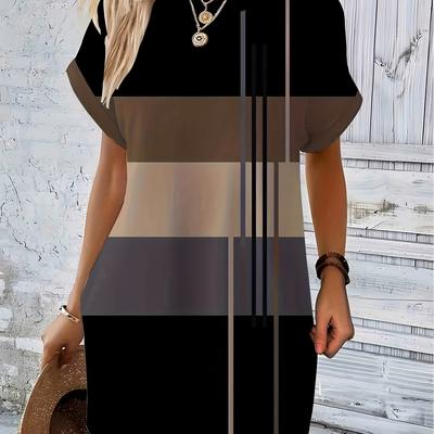 TEMU Women's Casual A-line Dress With Vertical Stripes & Abstract Print - Short Sleeve Round Neck Machine Washable Mid-stretch Fabric For Spring Summer Fall, Seasonal Fashion, Medium Elasticity Image