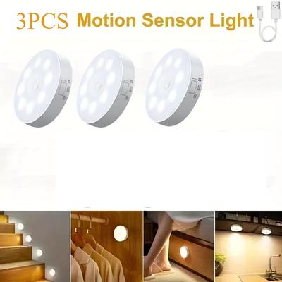 TEMU 3pcs Usb Rechargeable Led Motion Sensor Lights - Magnetic, Adjustable Brightness For Stairs, Closets, Bedrooms & Shoe Cabinets, Pvc Material, Motion Sensor Light Indoor Image