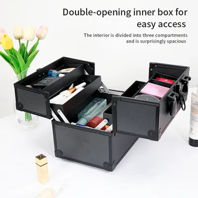Makeup Case Train Case, Extra Large Makeup Box, 4-Tier Trays Travel Cosmetic Organizer, Lockable With Keys