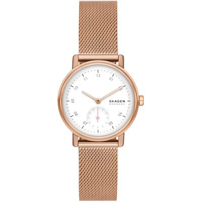 Quarzuhr SKAGEN "KUPPEL LILLE", rosa (roségoldfarben, weiß), Armbanduhren, Damen, Armbanduhr, Damenuhr, dezentrale Sekunde, Edelstahlarmband Image