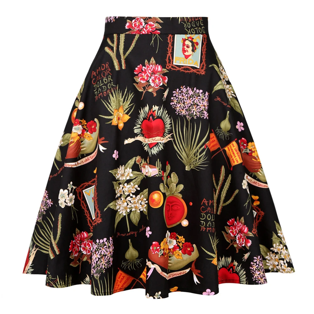 SISHION Sommer-Baumwoll-Schwarzer Rock VD0020 Hohe Taille A-Linie 50er 60er Swing Rockabilly Pinup Flare Runway Blumenröcke Damen