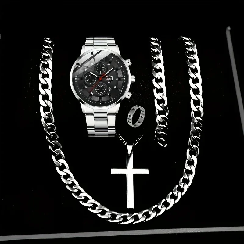 5-teiliges modisches Herren-Uhren-Set, Quarz-Armbanduhr, Hip-Hop, kubanische Kette, Halskette, Armband und Ring, Accessoires im Business-Stil