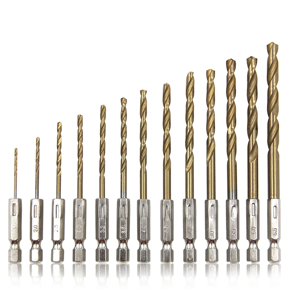 Sechseckiger Griff, 13-teilig, Titan-Spiralbohrer, 1,5–6,5 mm, elektrische Bohrmaschine, Schraubendreher, Bohren, Reiben, Bohrer-Werkzeug, Pistolenbohrer-Set Image