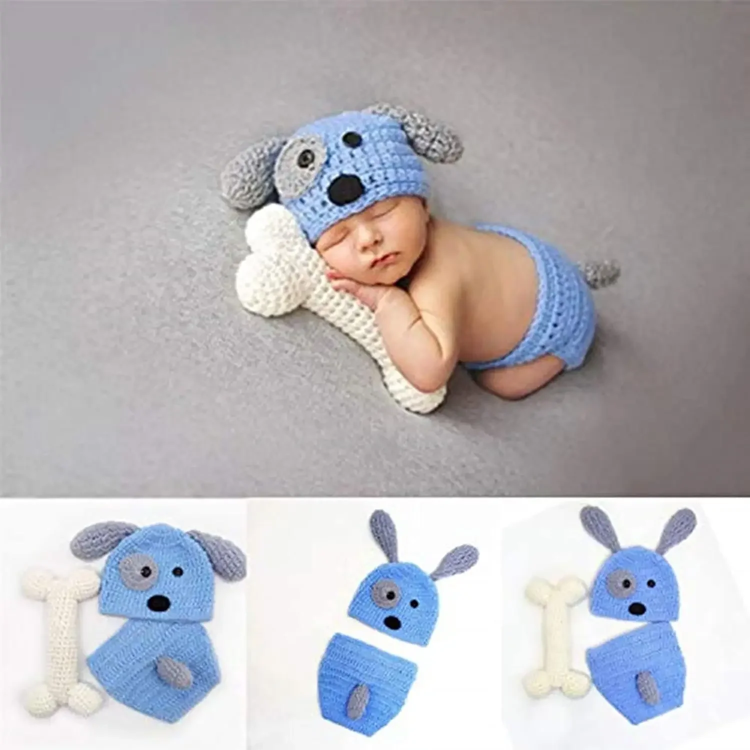 Neugeborene Baby Mädchen Junge Foto Requisiten Outfits häkeln gestrickte blaue Hunde hut Shorts mit Knochen Set für Jungen Mädchen Fotografie schießen Image