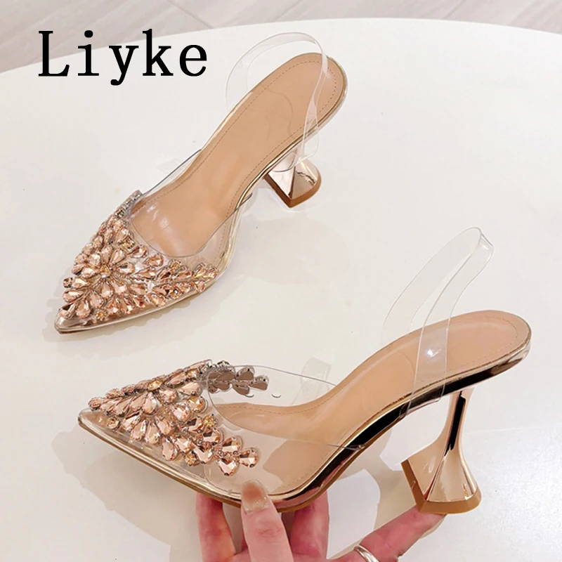 Liyke 2026 Neue Gold Silber Diamant Niet Spitz Slingback Sandale Frauen Pumpen Sexy Klar High Heels Hochzeit Party Prom schuhe