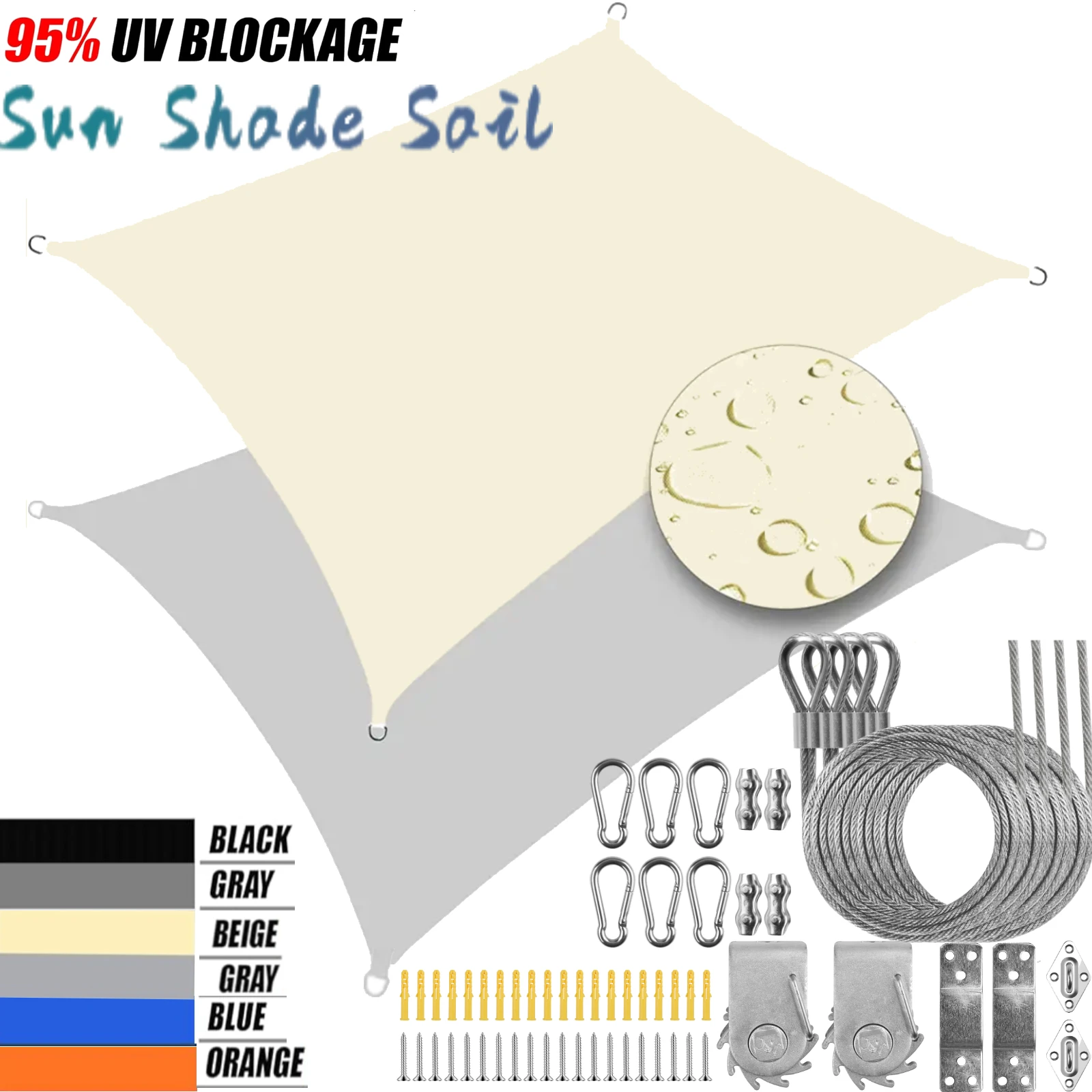 6M/5M/4M/3M wasserdichte Sonnensegel mit Installations-Hardware-Kit für den Außenbereich, Garten, Terrasse, 95 % UV-Block, Überdachung, Poolüberdachung, Campzelt Image