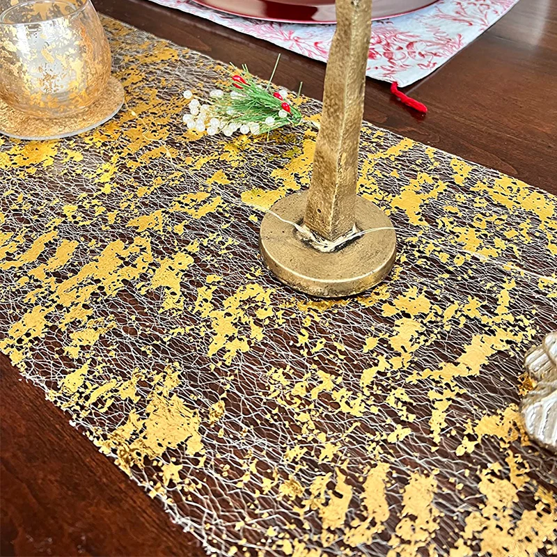 2.75/5m Glitter Gold dünne Tisch läufer Glitter Metallic Folie Mesh Roll Tisch läufer Hochzeit Geburtstag Dekor Weihnachten Tisch dekoration Image