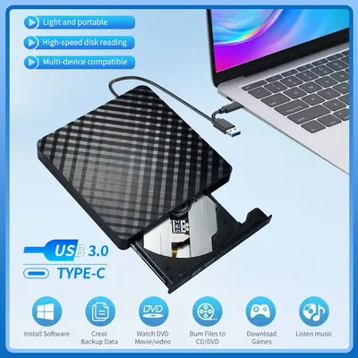2-in-1 External CD DVD Optical Drives USB 3.0 Type C Slim Protectable CD-RW Drive DVD-ROM Burner