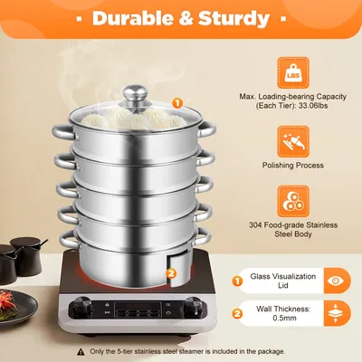 Vegetable and Rice Steamer, Stainless Steel 5 Tier Steamer Momo, Modak, Pasta with Lid for Electric