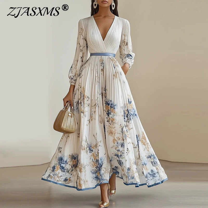 2025 Abito lungo Boho a maniche lunghe primaverili Donna Elegante stampa floreale Abiti a pieghe a trapezio Abito lungo sexy a vita alta con scollo a V profondo