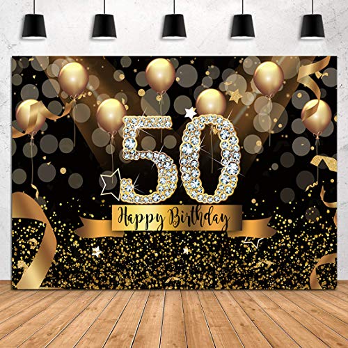 Sensfun 10x8ft Happy 50th Birthday Party Photography Backdrop Glitter Black and Gold Balloons Background for Woman Fabulous 50 Bday Party Decorations Shining Diamond Fifty Years Old Photo Banner