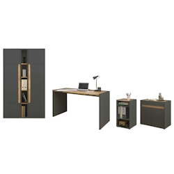 Furn.Design Büromöbel komplett Set in grau matt und Wotan Eiche mit Schreibtisch, Kommode und Aktenschrank für Homeoffice Center Image