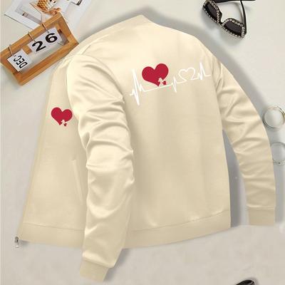 TEMU 1pc Women's Casual Polyester Jacket With Ecg Heart Print & Red , Baseball Collar, Zippered Long Sleeve, Front Pockets - Machine Washable Outerwear, Lightweight Layering, , Soft Texture, Image