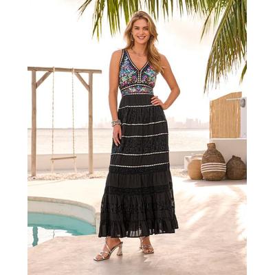 Boston Proper - Black - Embroidered and Embellished Tiered Lace Inset Maxi Dress - Small