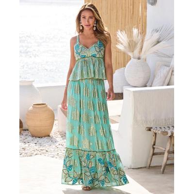 Boston Proper - Embroidered Gold Metallic Maxi Skirt Light Blue - XL