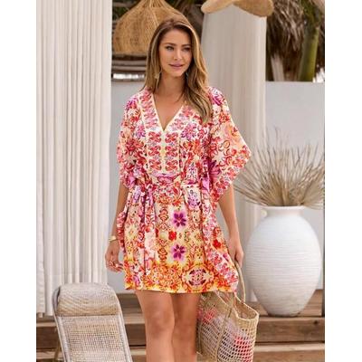 Boston Proper - Mirrored Scrolls Yellow - Border Print V Neck Tunic Dress - 2XS