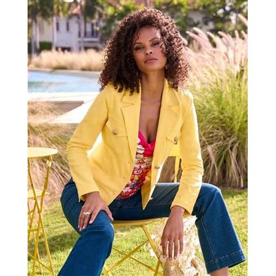 Boston Proper - Lemon Drop Yellow - Modern Length Crest Button Luxe Denim Jacket - Large