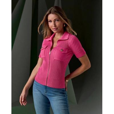 Boston Proper - Shocking Pink - Wide Rib Zip Up Sweater Top - Medium