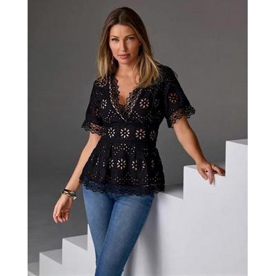 Boston Proper - Black - Exploded Eyelet Peplum Blouse - 0
