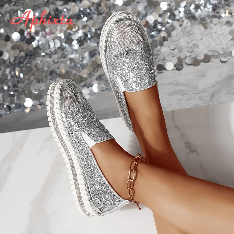 Aphixta Luxus Silber Kristalle Wohnungen Frauen Slip Auf Rot Sexy Plattform Casual Frauen Schuhe Nähen Wohnungen Weibliche Strass Loafer