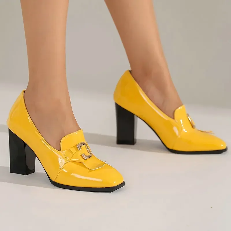 PU Patent Leather Neon Green Yellow Mature Lady Office Pumps Thick High Heels Extra Big Size 48 49 50 Women Stiletto Heels Shoes
