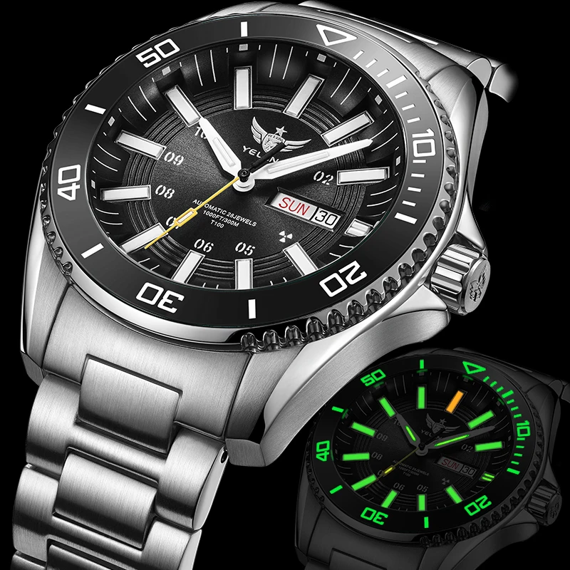 Yelang V1032 Herrenuhr mit automatischem Uhrwerk, 300 m wasserdicht, Taucheruhren für Herren, drehbare Lünette, drehbar, Keramik, leuchtend, 44 mm Image