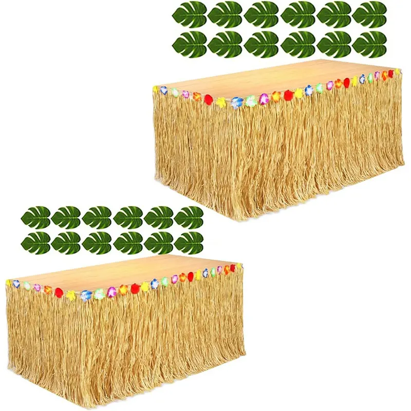 100/200 cm hawaiianischer Luau Hibiskus grüner Tischrock + 12 Stück grüne Blätter hawaiianische Party tropische Geburtstagsfeier Feiern Dekor Image