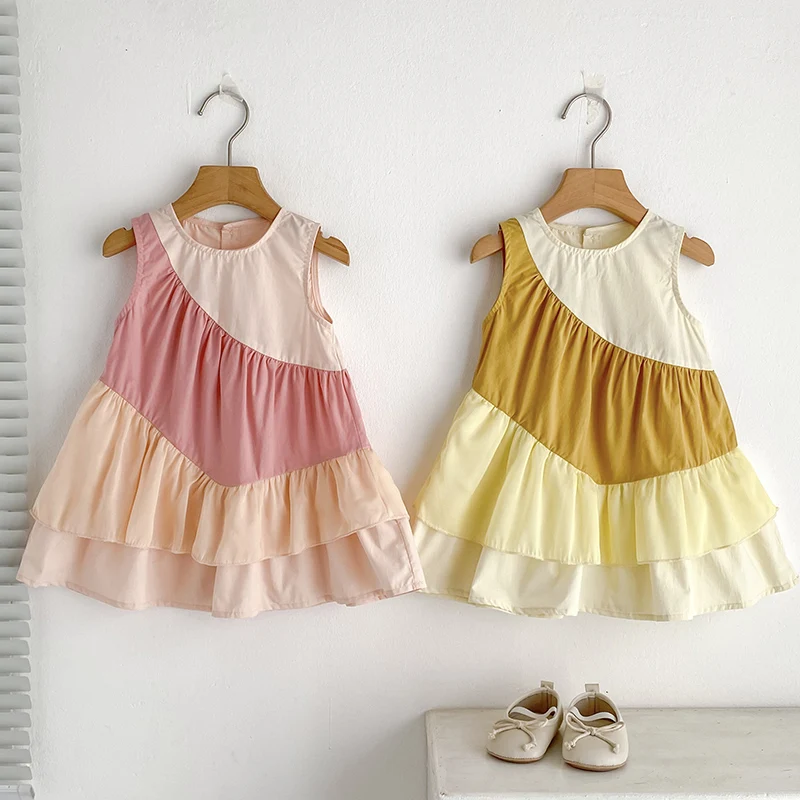 1-6Yrs Kinder Kleid Sommer Kleider Baby Mädchen Ärmellose Kinder Spleißen Farben Kleidung Urlaub Kleider Koreanische Kleidung Image