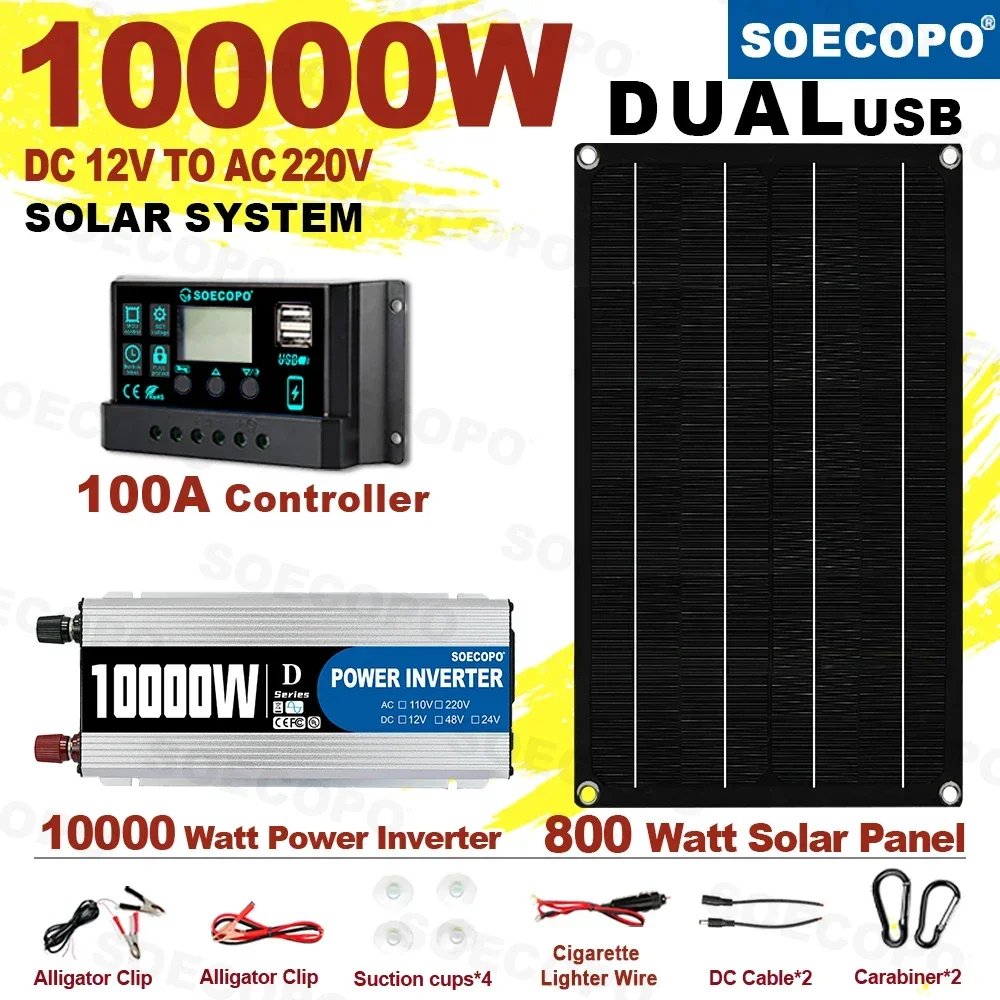 10000 W Solarkraftwerk 800 W Solarpanel 100 A Controller 12 V bis 220 V AC mit Krokodilklemmen für netzunabhängige Energie CE FCC Image