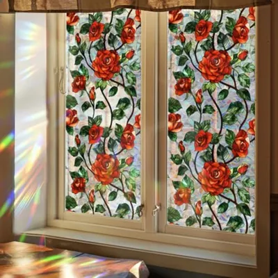 1 Stück Regenbogeneffekt Rose & Rebe Muster Elektrostatische Sichtschutzfensterfolie Wiederverwendbarer PVC-Aufkleber Home Office Fensterkunstaufkleber Image