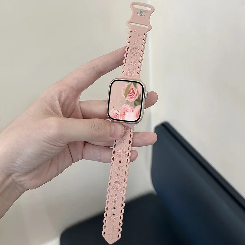 Y2k Trendy Rose Relief Silikonarmband für Apple Watch 10 9 8 7 6 5 4 3 2 Armband 44 mm 45 mm 46 mm 49 mm 42 mm 40 mm Uhrenarmband Image