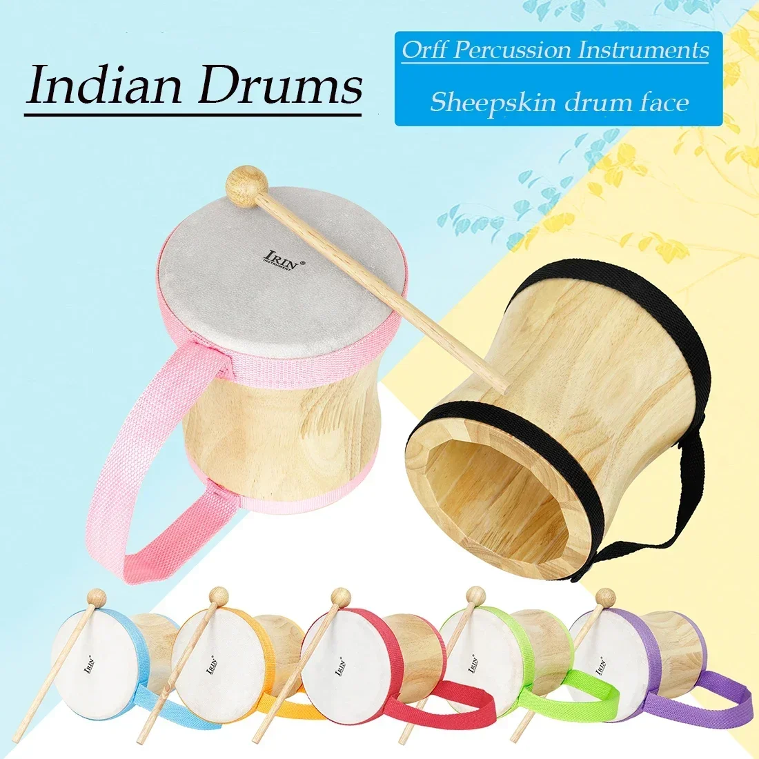 IRIN Indische Schlagzeug, professionelle Handtrommeln, Schaffelltrommeln aus Holz mit Trommelstöcken, Schlaginstrumente, Musikgeschenke für Kinder Image