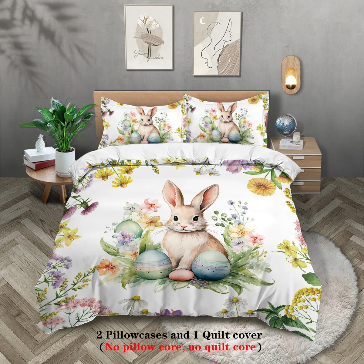 3-teiliges Bettbezug-Set mit Cartoon-Frohe-Ostern-Musterdruck, weiches, bequemes und atmungsaktives Bettwäsche-Set, für Schlafzimmer, Gästezimmer, Hotel Image