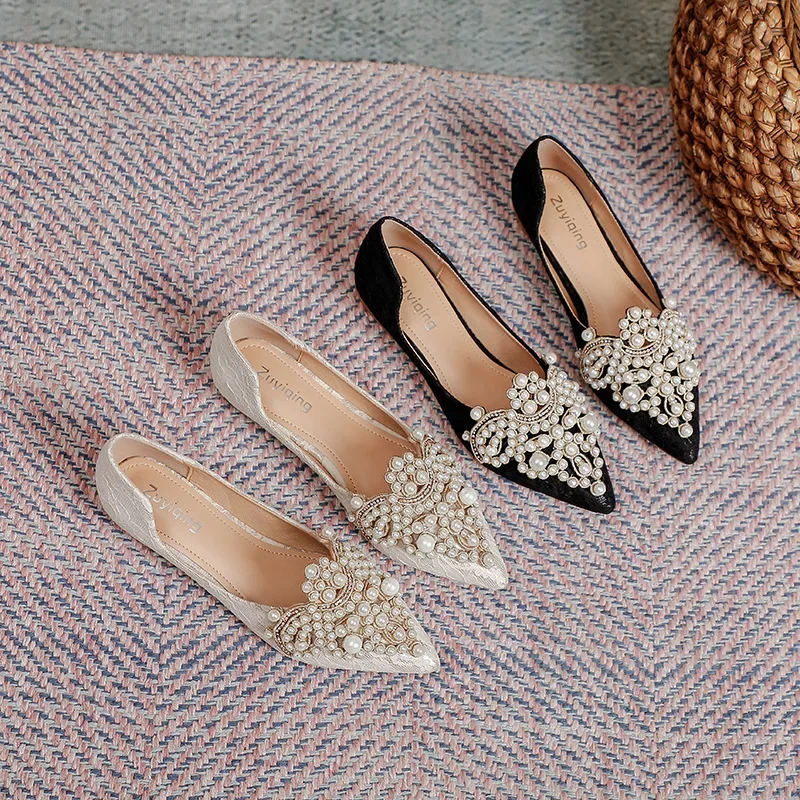 Frühling Herbst neue große Damenschuhe Spitze Perle Hochzeit Schuhe lässig spitz Mary Jane Schuhe Komfort Mode Damenschuhe
