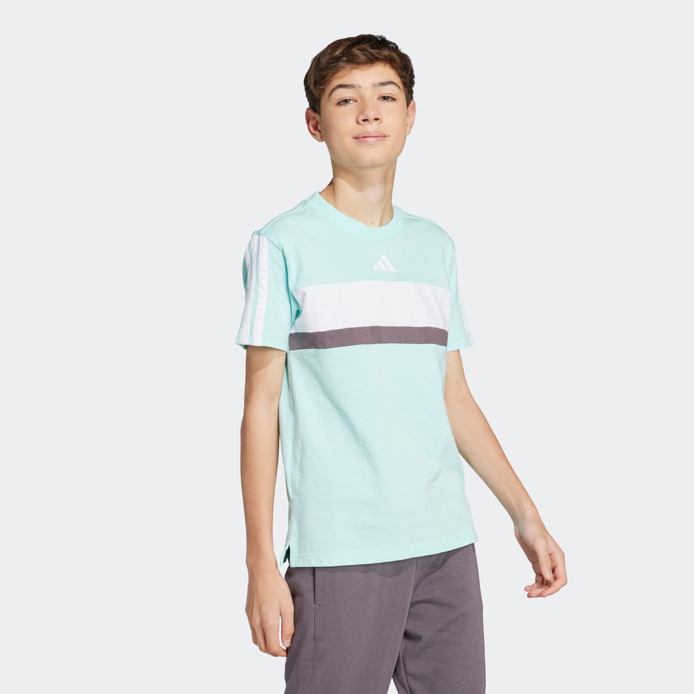 T-Shirt ADIDAS SPORTSWEAR "J 3S TIB T", Kinder, Gr. 176, blau (semi flash aqua, weiß), Obermaterial: 100% Baumwolle, Rundhals, Shirts Image