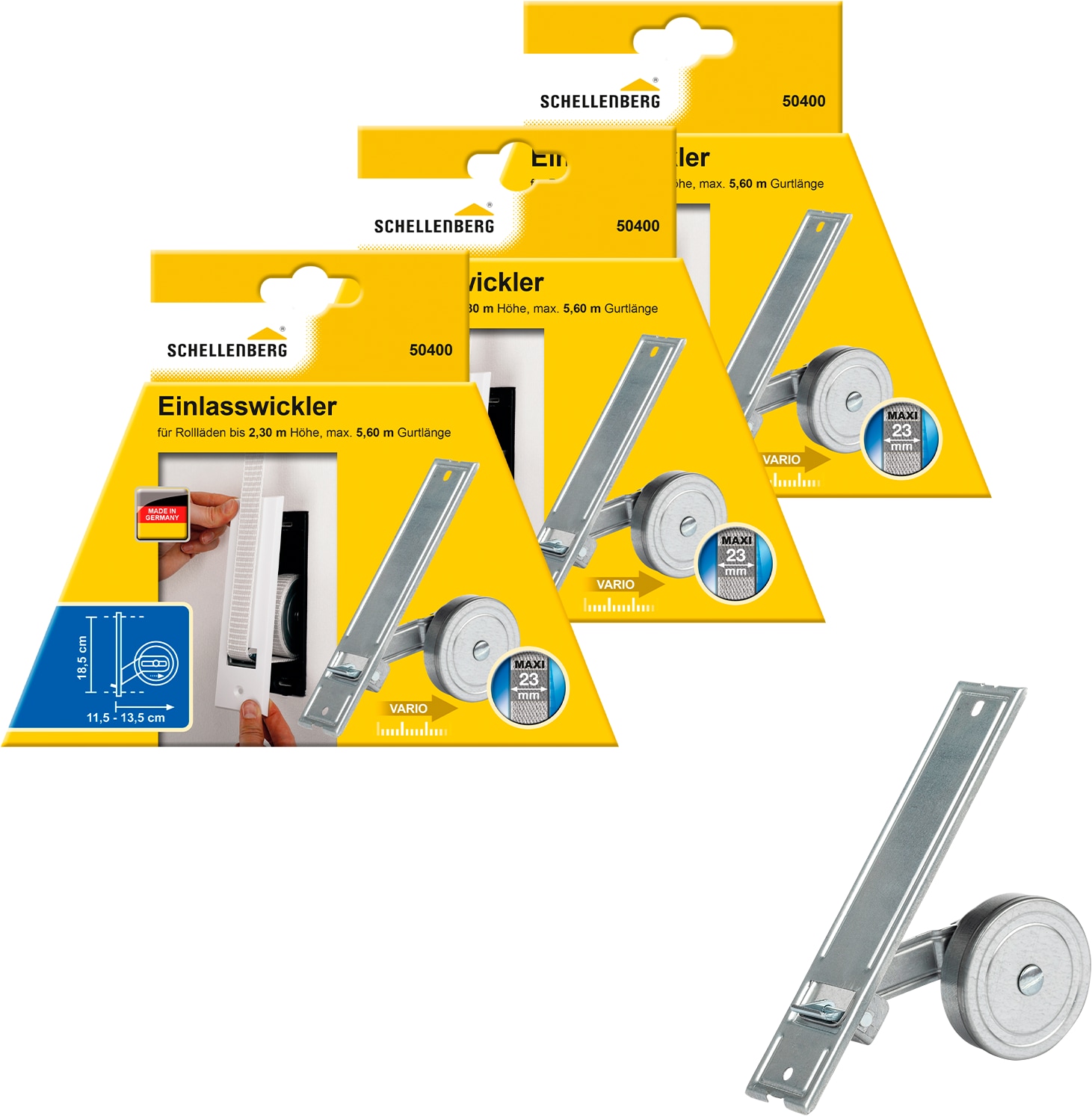 Einlass-Gurtwickler SCHELLENBERG "für das Rollladensystem Maxi, Lochabstand 18,5 cm, Unterputz-Montage", silber (silberfarben), B:50cm, Gurtwickler, für Rollladengurte mit 23 mm Breite