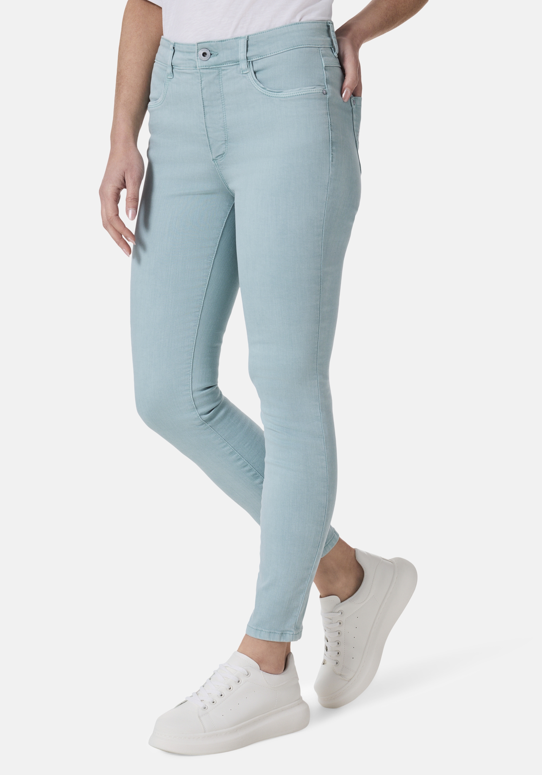 5-Pocket-Jeans STOOKER WOMEN "Rio Fexxi Move Strass Skinny Fit", Damen, Gr. 42, Länge 30, blau (blau aqua), Denim/Jeans, 83% Baumwolle, 16% recycled Polyester, 1% Elasthan, skinny fit lang, Jeans 5-Pocket-Jeans, Skinny Fit Casual Clean Wash Denim...