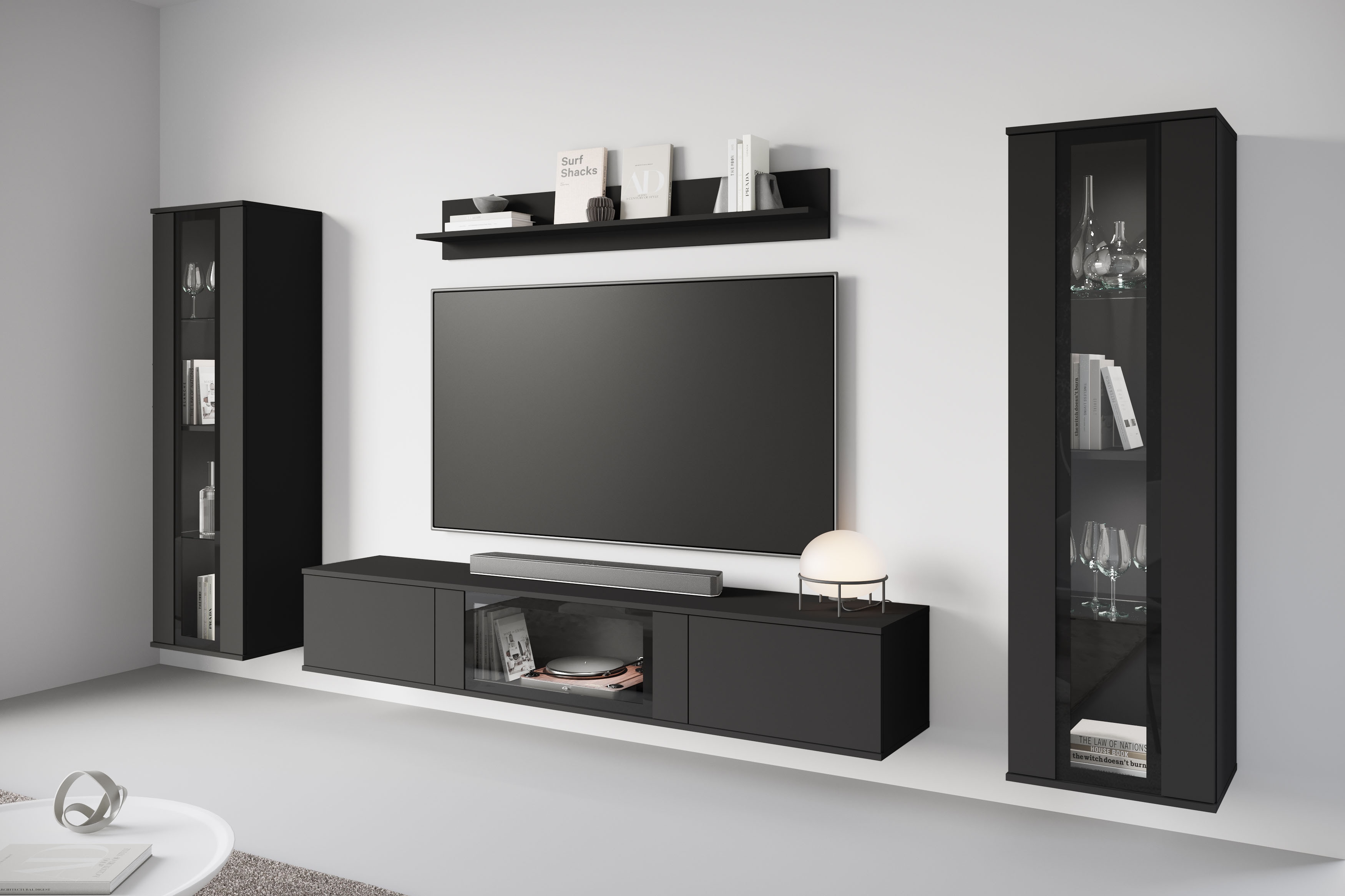 Wohnwand INOSIGN "Caro, stehend und hängend montierbar", schwarz (graphite schwarz matt), B:262cm H:142cm T:33cm, Holzwerkstoff, Kastenmöbel-Sets, Wohnwand, grifflose Design, höhenverstellbare Einlegeböden