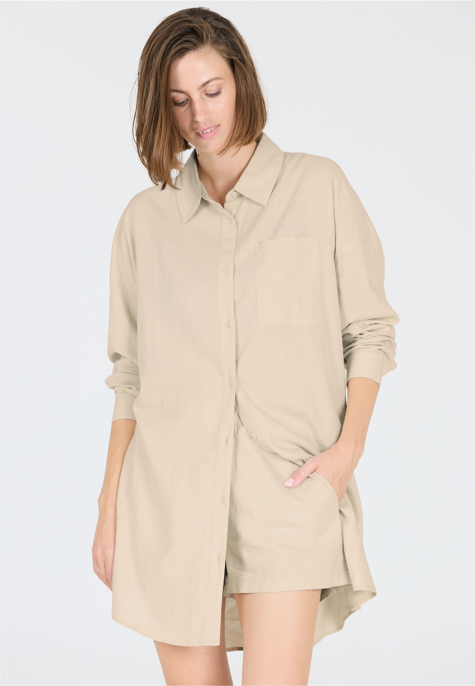 Jerseykleid ATHLECIA "Resort", Damen, Gr. 44, EURO-Größen, beige (hellbeige), 55% Leinen, 45% Viskose, unifarben, lang, ohne Ausschnitt, Kleider Jerseykleid, im eleganten und atmungsaktiven Design