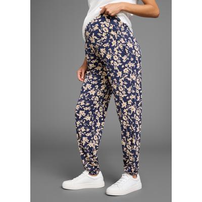 Umstandshose NEUN MONATE "Haremshose für Schwangerschaft und Stillzeit", Damen, Gr. 44/46, N-Gr, blau (marine geblümt), Jersey, Obermaterial: 95% Viskose, 5% Elasthan, bedruckt, geblümt, Basic, bequem lang, Hosen, in bequemer Passform und mit...