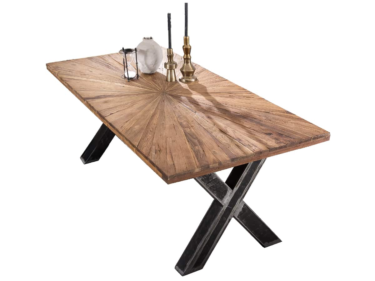 MiaMöbel Esstisch 'Vanaja' 160x90 cm, Teak/Used-Look Massivholz, Metall Teak Modern