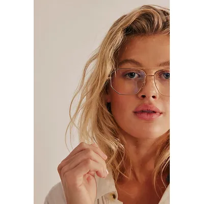 Peter Retro Oversized Blue-Light Aviator Glasses at Free People in Gold