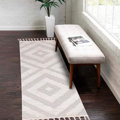 Hochflor-Teppich CARPET CITY "Valencia 813", beige (creme, graublau), B:80cm H:20mm L:300cm, Polypropylen, Teppiche, Fransenteppich, Läufer, Boho-Stil, 3D-Effekt, Raute, Hoch-Tief-Struktur, mit Fransen Image