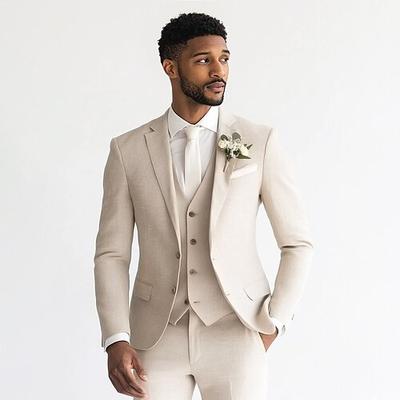 Uomo Matrimonio Completi in Lino Beige Moda Formale Tinta unita Vestibilità standard 3 pezzi Monopetto Due Bottoni