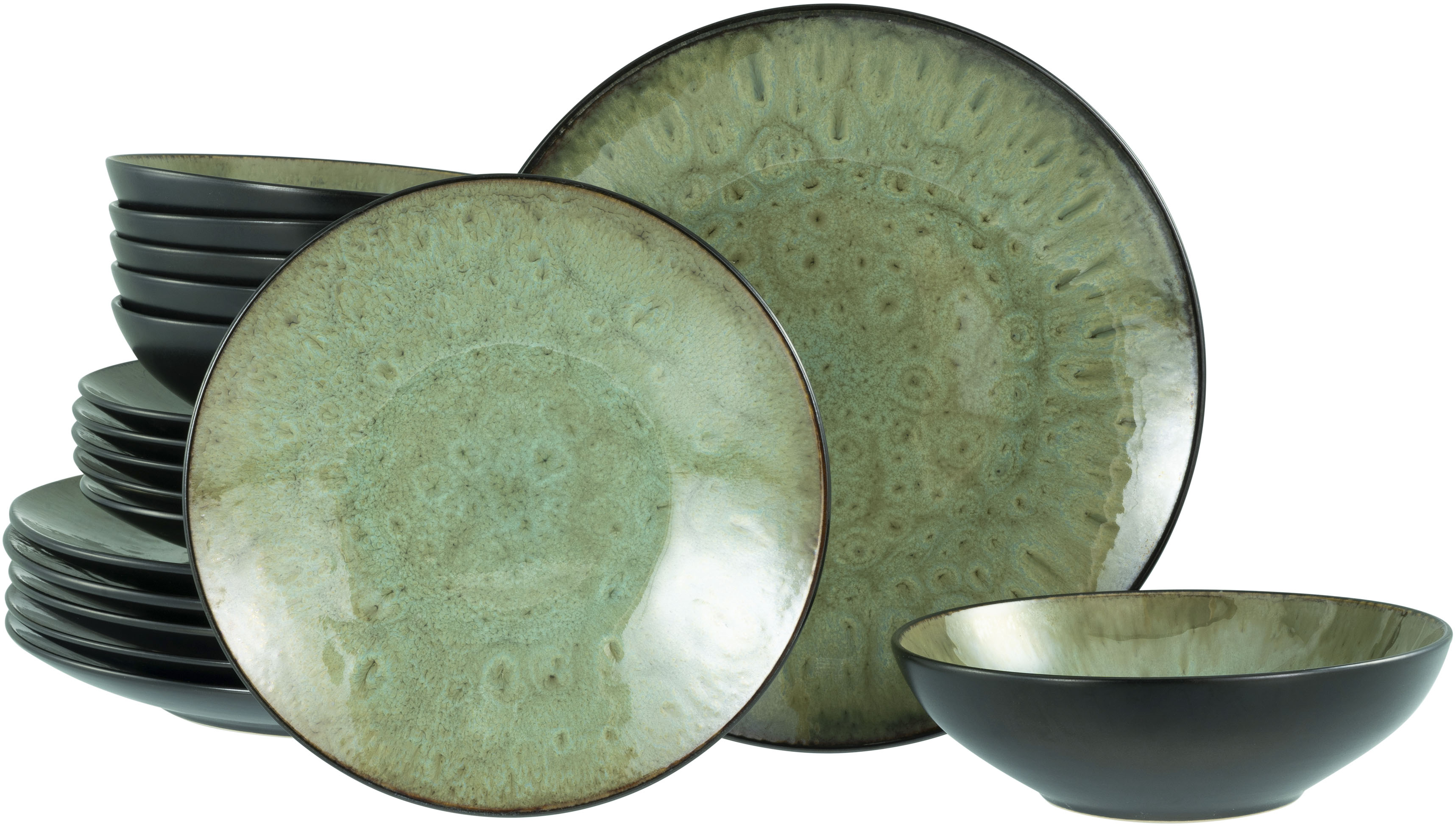 Teller-Set CREATABLE "Jawa, Tellerset 18-tlg", grün, 18 Stk., Steinzeug, Geschirr-Sets, Reaktivglasur