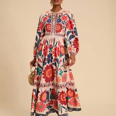 TEMU Printed Maxi Dress With Long Sleeves And Decorative Drawstring Waist - Casual Round Neck, Vibrant Floral Pattern, Wear For Women Image